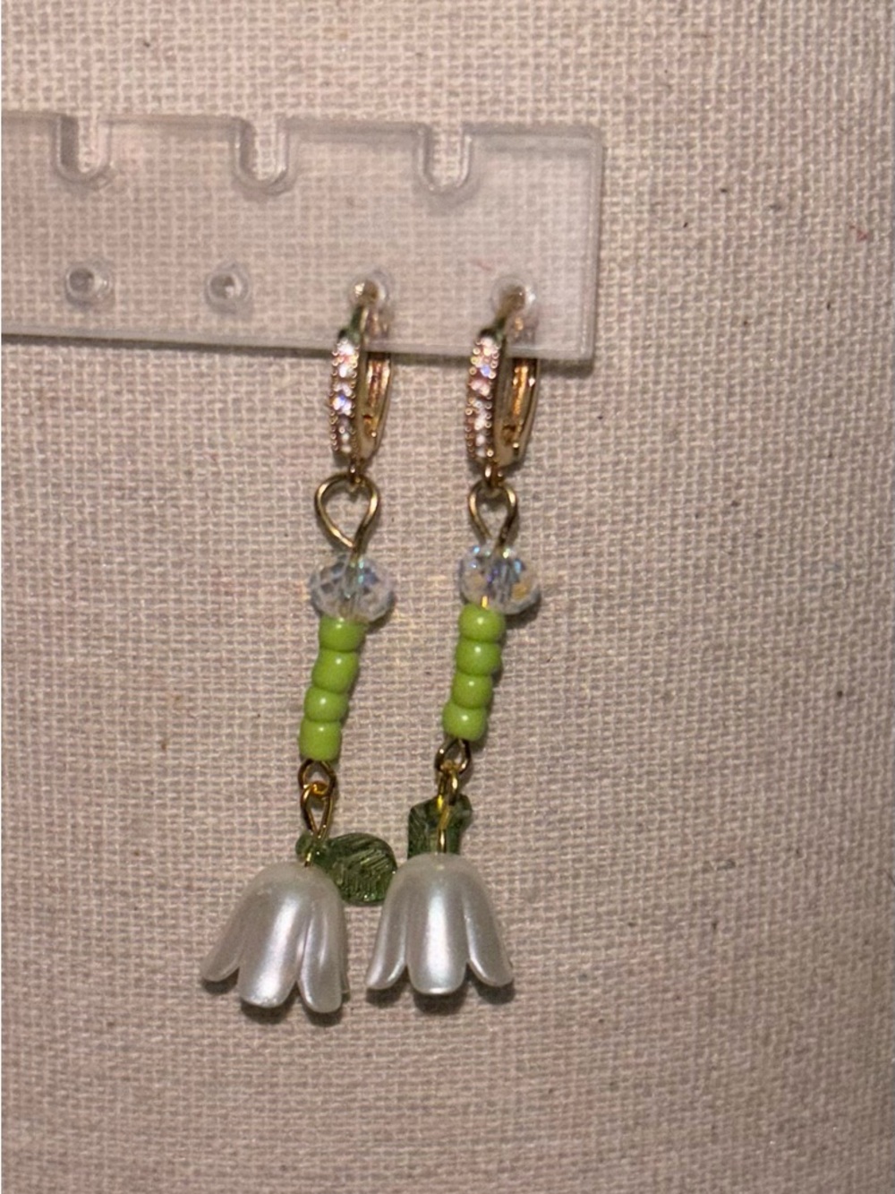Gold Floral Drop Earrings with White Pearl Flower and Lime Beads